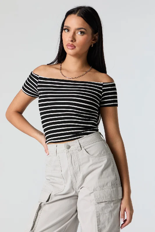 Ribbed Off Shoulder Crop Top Hooded Caped Shawl Collar