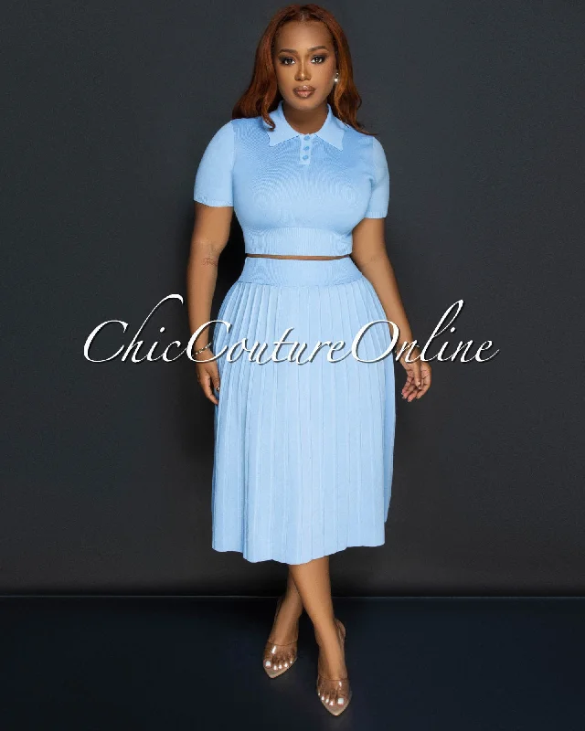 Senna Baby Blue Tennis Crop Top & Skirt Set Denim Fabric Leather Fabric Suede Fabric Senna Baby Blue Tennis Crop Top & Skirt Set Denim Fabric Leather Fabric Suede Fabric