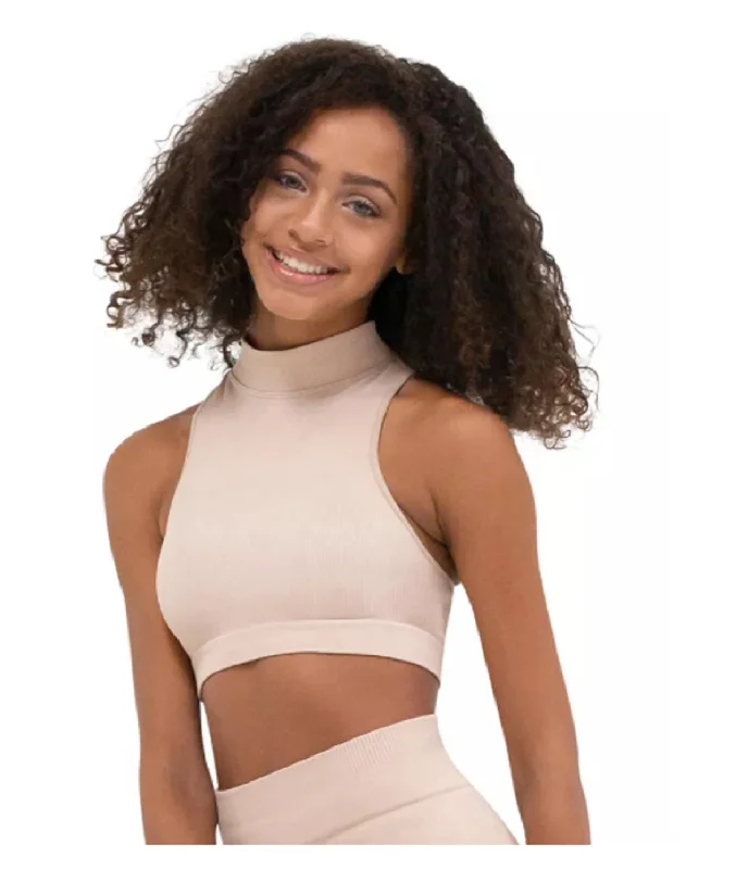 Capezio Women's Mock Neck Seamless Rib Crop Top, Sand, X-Small/Small Beaded Sequined Faux Fur