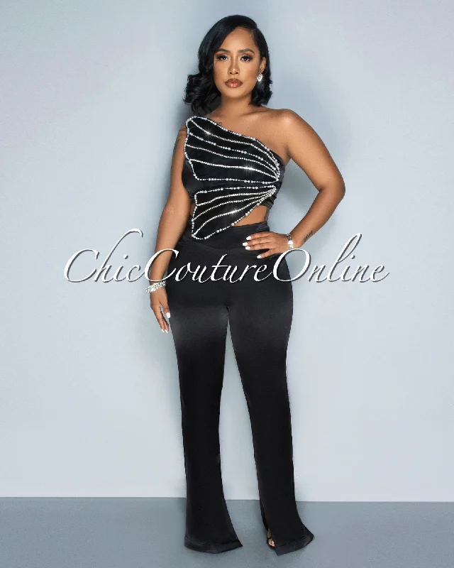 Mayfield Black Rhinestones Crop Top & Bell Legs Pants Set Welt Pockets Slit Pockets Flap Pockets Mayfield Black Rhinestones Crop Top & Bell Legs Pants Set Welt Pockets Slit Pockets Flap Pockets