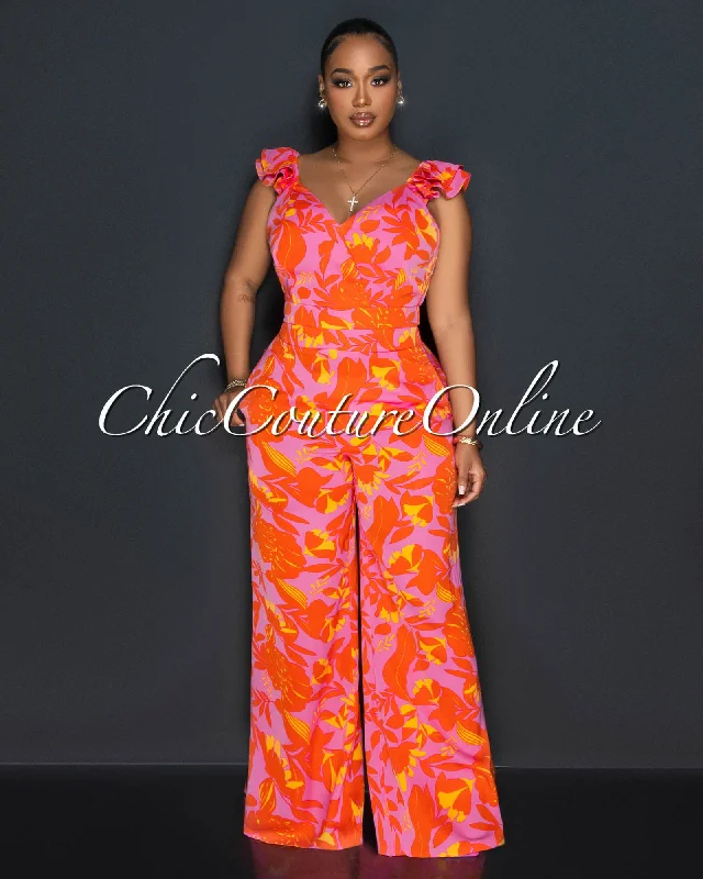 Clay Pink Orange Ruffle Sleeves Crop Top & Wide Pants Set Graphic Embroidered Appliqued Clay Pink Orange Ruffle Sleeves Crop Top & Wide Pants Set Graphic Embroidered Appliqued