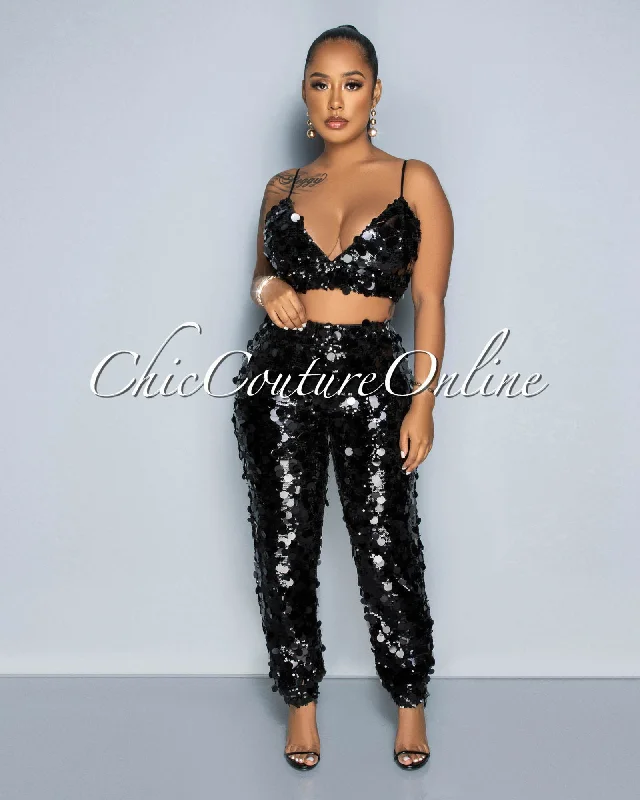Bouser Black Iridescent Sequins Crop Top & Pants Set Wool Fabric Cashmere Fabric Tweed Fabric Bouser Black Iridescent Sequins Crop Top & Pants Set Wool Fabric Cashmere Fabric Tweed Fabric