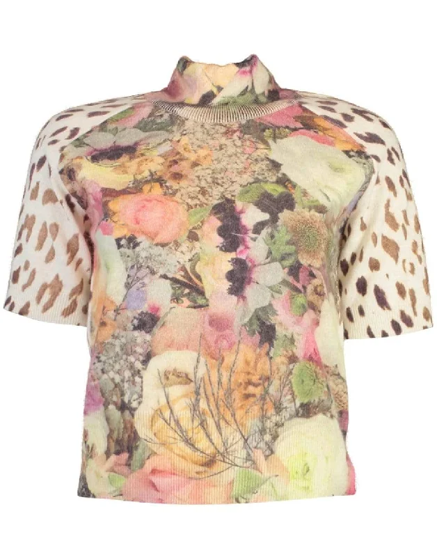 Short Sleeve Print Turtleneck Sweater Soft Cozy Warm