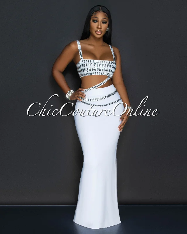 Dezire White Rhinestones Crop Top & Maxi Skirt Set Welt Pockets Slit Pockets Flap Pockets Dezire White Rhinestones Crop Top & Maxi Skirt Set Welt Pockets Slit Pockets Flap Pockets