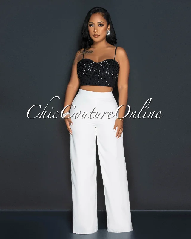 Emara Black Rhinestones Crop Top & Off-White Wide Pants Set Thin Crop Top Open Front Quick Dry Emara Black Rhinestones Crop Top & Off-White Wide Pants Set Thin Crop Top Open Front Quick Dry