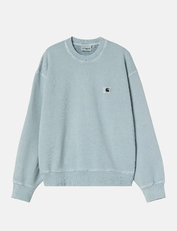 Carhartt WIP Women's Nelson Sweatshirt (Balloon) - Dusty Ice Blue Hoodie with Typography Text Message Carhartt WIP Women's Nelson Sweatshirt (Balloon) - Dusty Ice Blue Hoodie with Typography Text Message