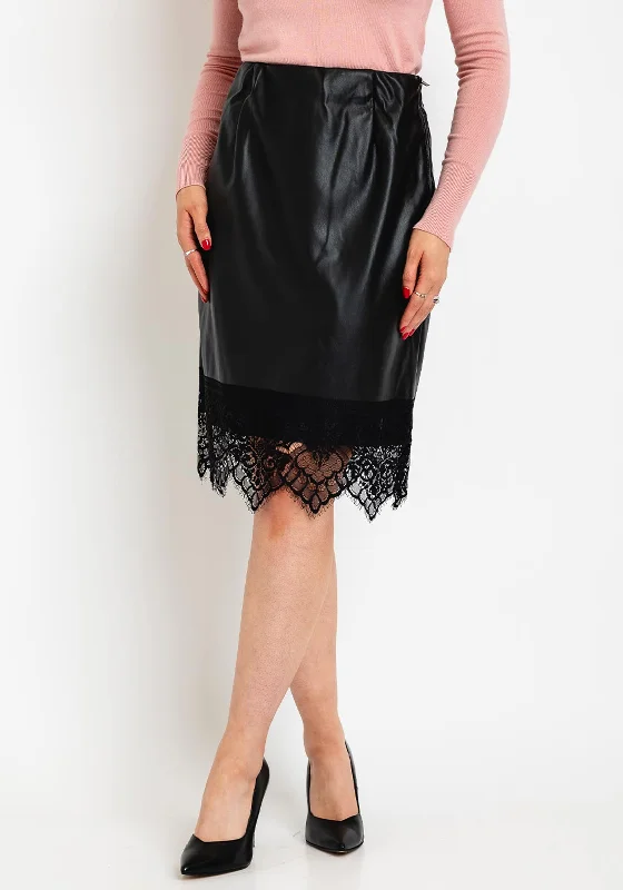 Vila Lace Trim Coated Knee Length Skirt, Black chiffon skirt delicate