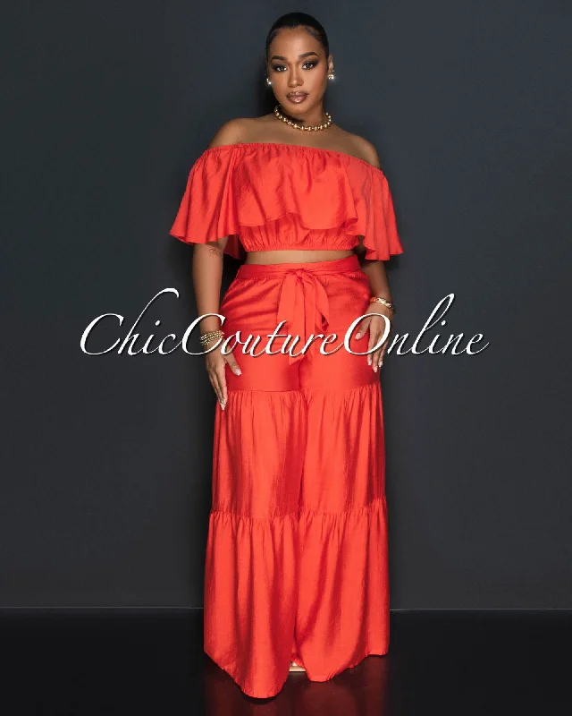 Gonzalo Orange Ruffle Crop Top & Wide Pants Set Chenille Blend Fleece Blend Nylon Blend Gonzalo Orange Ruffle Crop Top & Wide Pants Set Chenille Blend Fleece Blend Nylon Blend