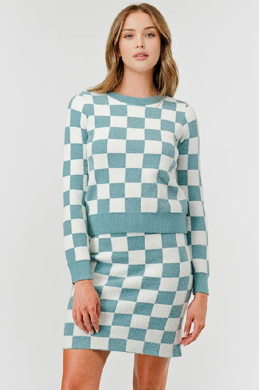 Round Neck Color Contrast Checkered Sweater & Skirt Set DBLST4020 Elasticated Padded Insulated Round Neck Color Contrast Checkered Sweater & Skirt Set DBLST4020 Elasticated Padded Insulated