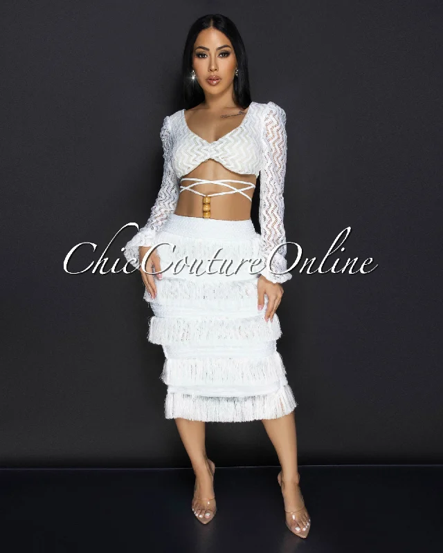 Sonnet White Lace Crop Top & Fringe Skirt Set Chenille Fabric Brocade Fabric Lace Fabric Sonnet White Lace Crop Top & Fringe Skirt Set Chenille Fabric Brocade Fabric Lace Fabric