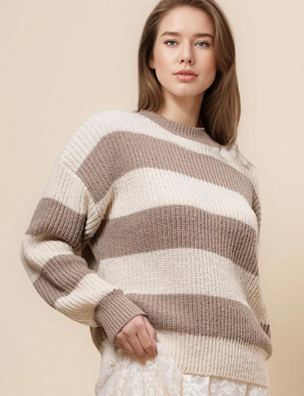 Ladies Stripe Color Block Everyday Pullover Sweater SKT4932 Cable Knit Ribbed Knit Lace Knit Ladies Stripe Color Block Everyday Pullover Sweater SKT4932 Cable Knit Ribbed Knit Lace Knit