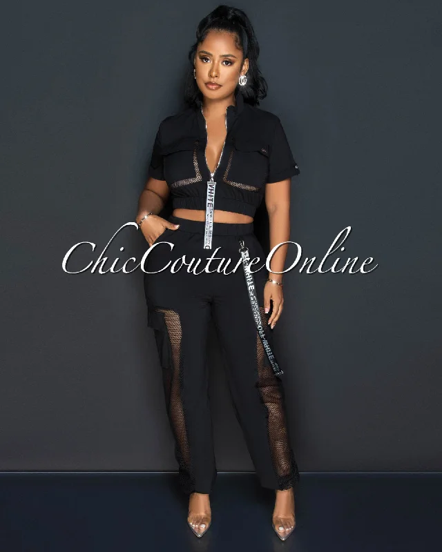 Beller Black Crop Top & Jogger Cargo Pants Fishnet Set Asymmetrical Pockets Print
