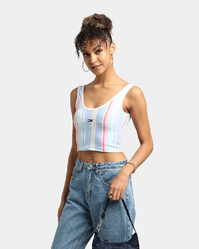 Tommy Jeans Women's Stripe Crop Top Light Powdery Blue Hooded Caped Shawl Collar