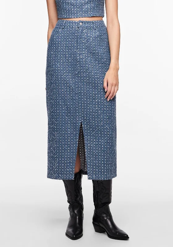 Pieces Naomi Sequin Midi Denim Skirt, Medium Blue Denim silk skirt elegant