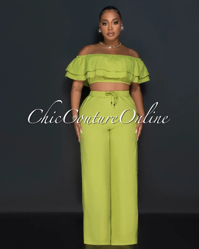 Yuri Olive Green Ruffle Crop Top & Wide Pants Set Chenille Blend Fleece Blend Nylon Blend Yuri Olive Green Ruffle Crop Top & Wide Pants Set Chenille Blend Fleece Blend Nylon Blend