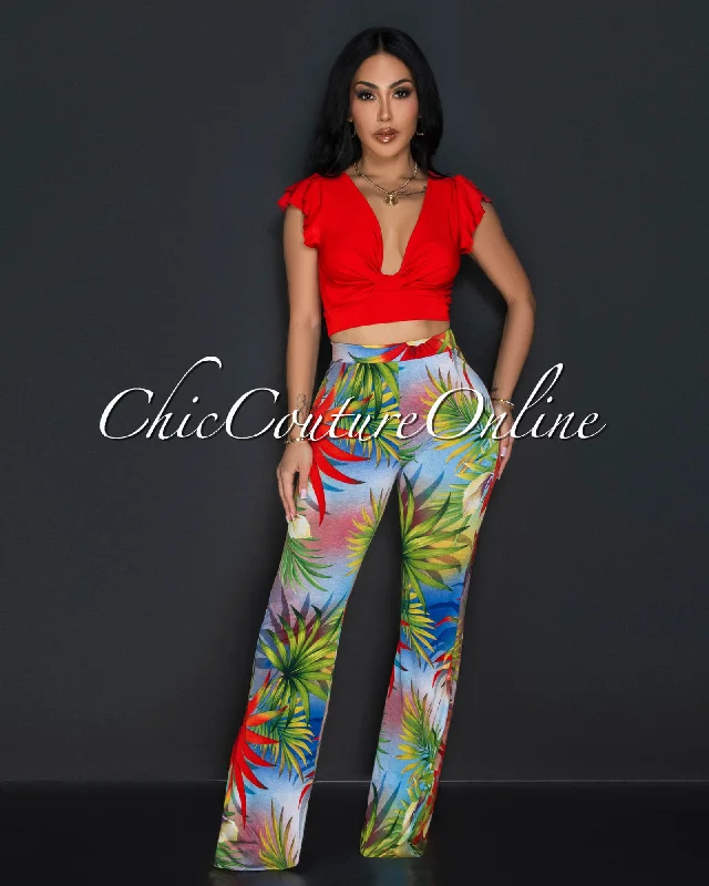 Sariah Red Tropical Ruffle Crop Top & Wide Legs Set Mesh Blend Leather Blend Suede Blend Sariah Red Tropical Ruffle Crop Top & Wide Legs Set Mesh Blend Leather Blend Suede Blend