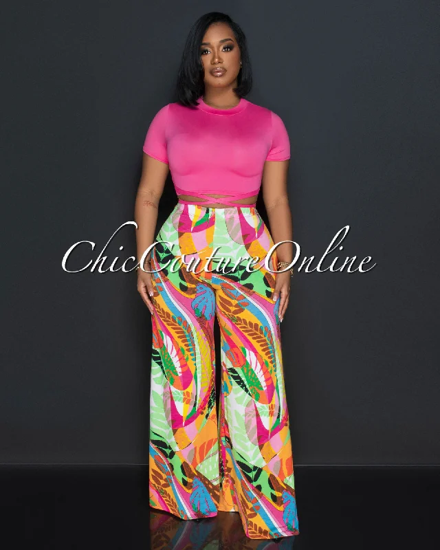 Maxine Fuchsia Crop Top & Multi-Color Print Wide Pants Set Fleece Fabric Down Fabric Feather Fabric Maxine Fuchsia Crop Top & Multi-Color Print Wide Pants Set Fleece Fabric Down Fabric Feather Fabric