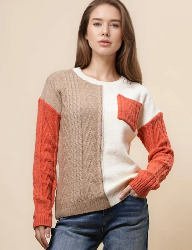 Ladies Cable Knit Color Block Pullover Sweater SKT41011 Solid Color Striped Floral Print Ladies Cable Knit Color Block Pullover Sweater SKT41011 Solid Color Striped Floral Print