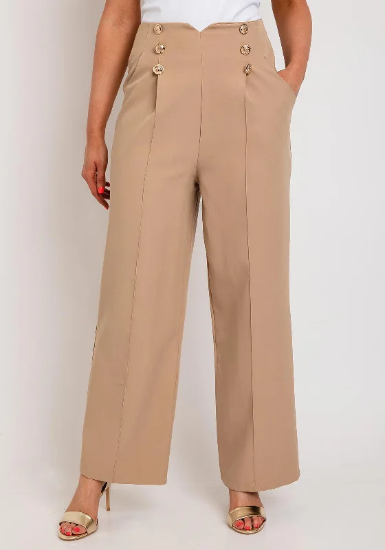 The Sofia Collection Wide Leg Button Trousers, Beige Trousers Pleated Formal