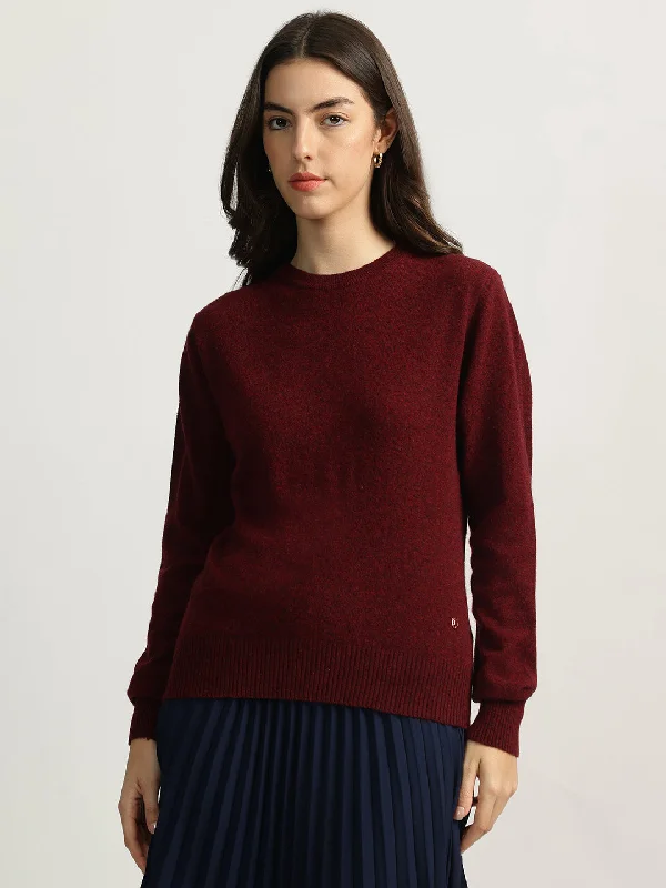 Iconic Women Wine Solid Round Neck Full Sleeves Sweater Embroidered Appliqued Beaded Iconic Women Wine Solid Round Neck Full Sleeves Sweater Embroidered Appliqued Beaded