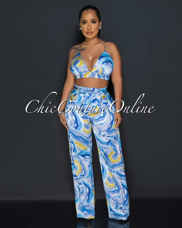 Drya Blue Yellow Print Crop Top & Wide Leg Pants Silky Set Front Pockets Side Pockets Patch Pockets Drya Blue Yellow Print Crop Top & Wide Leg Pants Silky Set Front Pockets Side Pockets Patch Pockets