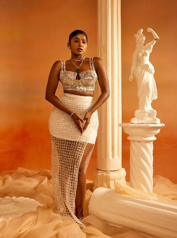 Cher & Cora Silver Metallic Crop Top + White Square Net Skirt with Side Slit Welt Pockets Slit Pockets Flap Pockets