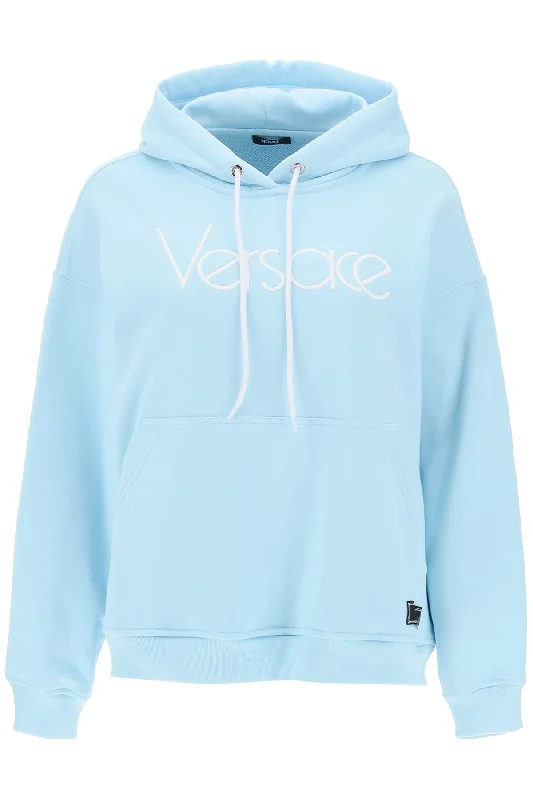 Versace hoodie with 1978 re-edition logo 1014290 1A10157 PALE BLUE BIANCO Hooded Sweatshirt Casual Wear Street Style Versace hoodie with 1978 re-edition logo 1014290 1A10157 PALE BLUE BIANCO Hooded Sweatshirt Casual Wear Street Style
