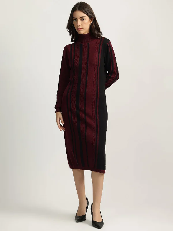 Iconic Women Red Striped Turtle Neck Full Sleeves Sweater Dress Satin Blend Silk Blend Wool Blend Iconic Women Red Striped Turtle Neck Full Sleeves Sweater Dress Satin Blend Silk Blend Wool Blend