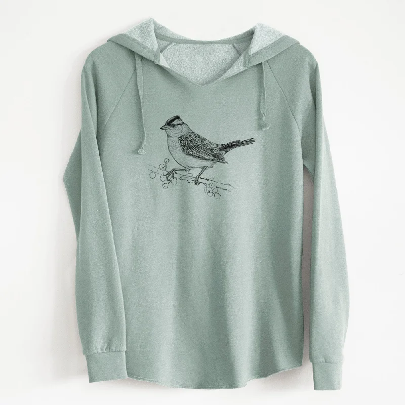 White-crowned Sparrow - Zonotrichia leucophrys - Cali Wave Hooded Sweatshirt Hoodie with Hem Embroidery Detailed Premium White-crowned Sparrow - Zonotrichia leucophrys - Cali Wave Hooded Sweatshirt Hoodie with Hem Embroidery Detailed Premium