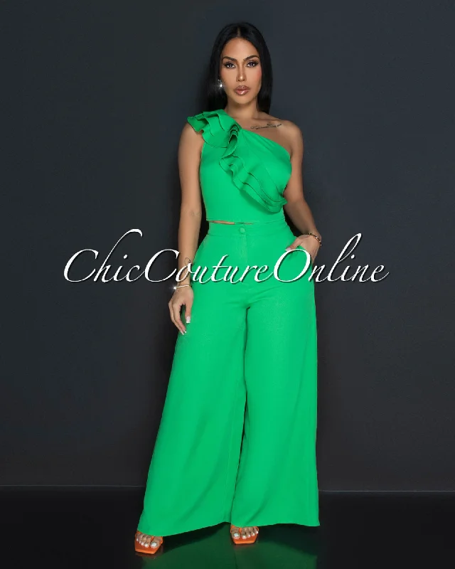 Palila Green One Shoulder Ruffle Crop Top & Wide Pants Set Terry Blend Velvet Blend Canvas Blend Palila Green One Shoulder Ruffle Crop Top & Wide Pants Set Terry Blend Velvet Blend Canvas Blend
