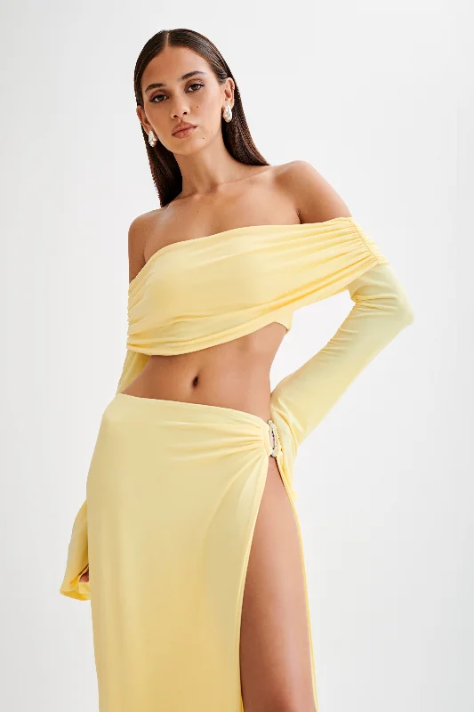 Camryn Slinky Off Shoulder Crop Top - Yellow Mesh Blend Leather Blend Suede Blend