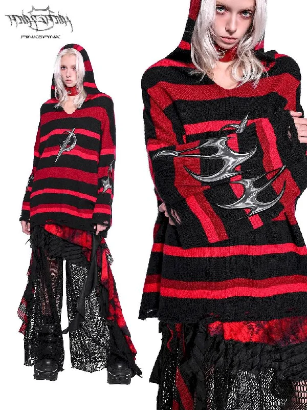 Striped V-Neck Hooded Sweater【s0000011011】 Lace Blend Ribbed Blend Corduroy Blend