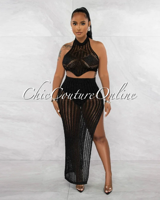 Julie Black Crop Top & Crochet Cover-Up Maxi Skirt Shimmer Set Solid Color Striped Floral Julie Black Crop Top & Crochet Cover-Up Maxi Skirt Shimmer Set Solid Color Striped Floral
