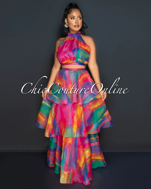 Sina Fuchsia Multi-Color Print Crop Top & Tier Maxi Skirt Set Anti-Pilling Machine Wash Handmade Sina Fuchsia Multi-Color Print Crop Top & Tier Maxi Skirt Set Anti-Pilling Machine Wash Handmade