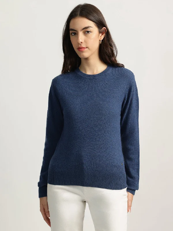 Iconic Women Blue Solid Round Neck Full Sleeves Sweater Sequined Glittery Shiny