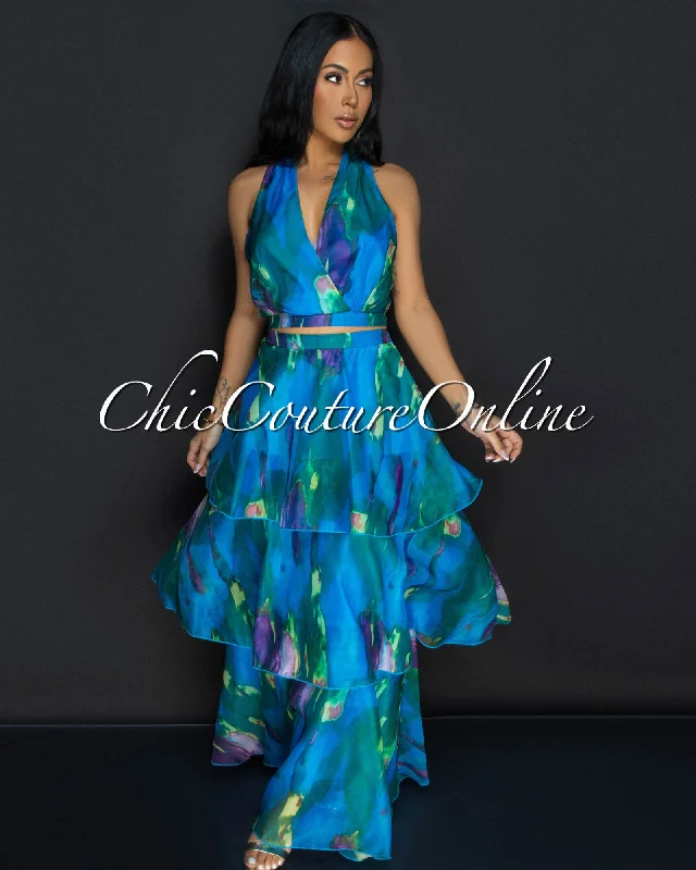 Donica Blue Multi Print Crop Top & Tier Maxi Skirt Set Front Pockets Side Pockets Patch Pockets Donica Blue Multi Print Crop Top & Tier Maxi Skirt Set Front Pockets Side Pockets Patch Pockets