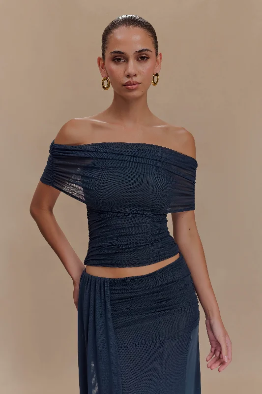 Arna Off Shoulder Mesh Crop Top - Midnight Blue Chenille Blend Fleece Blend Nylon Blend