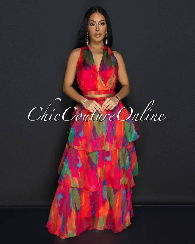 Donica Red Multi Print Crop Top & Tier Maxi Skirt Set Zippered Front Buttoned Front Snap Front Donica Red Multi Print Crop Top & Tier Maxi Skirt Set Zippered Front Buttoned Front Snap Front