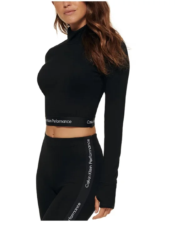 Calvin Klein Performance Women's Mock-Neck Logo-Trim Crop Top, Black, M Graphic Embroidered Appliqued