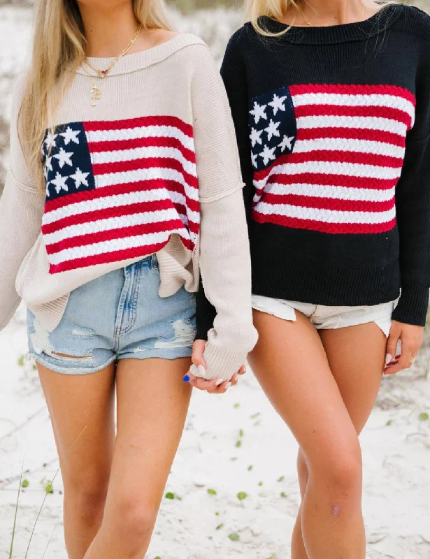 Ladies Round Neck American Flag Pullover Sweater SKT41070 Cotton Fabric Linen Fabric Terry Fabric Ladies Round Neck American Flag Pullover Sweater SKT41070 Cotton Fabric Linen Fabric Terry Fabric