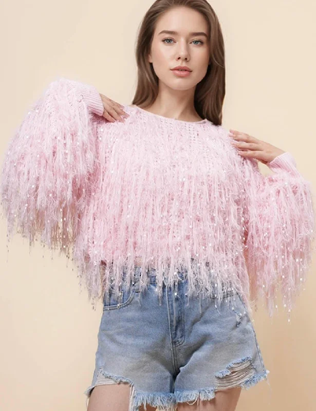 Ladies Tassels Pink Chic Faux Mink Pullover Sweater SKT4971 Ribbed Striped Patterned Ladies Tassels Pink Chic Faux Mink Pullover Sweater SKT4971 Ribbed Striped Patterned