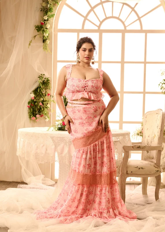 Asmara Pink Floral Printed Crop Top + Skirt Set Front Pockets Side Pockets Patch Pockets