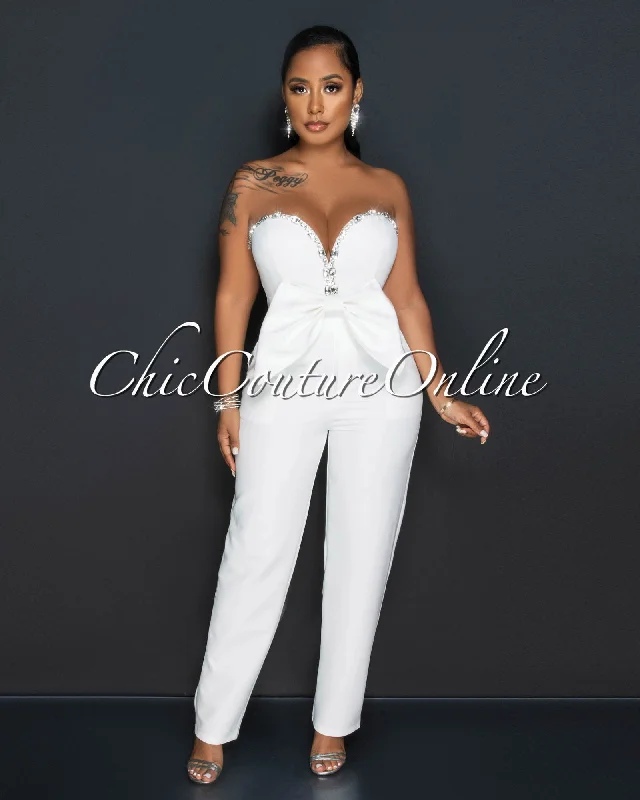 Falcon Off-White Rhinestones Bow Crop Top & Pleated Pants Set Layered Multi-layer Single Layer Falcon Off-White Rhinestones Bow Crop Top & Pleated Pants Set Layered Multi-layer Single Layer