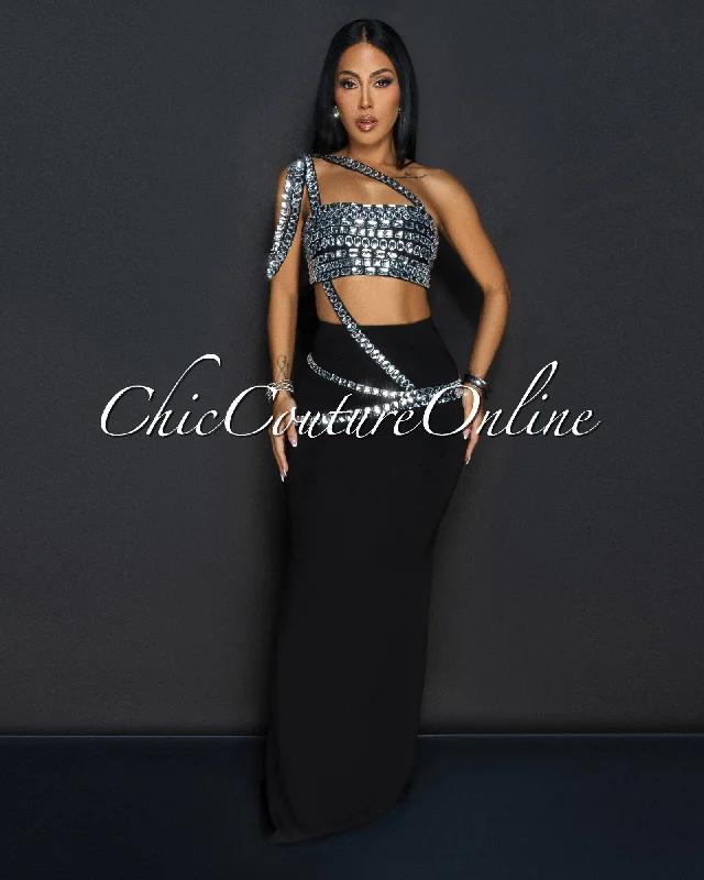 Orzola Black Rhinestones Crop Top & Maxi Skirt Set Cotton Fabric Linen Fabric Terry Fabric Orzola Black Rhinestones Crop Top & Maxi Skirt Set Cotton Fabric Linen Fabric Terry Fabric