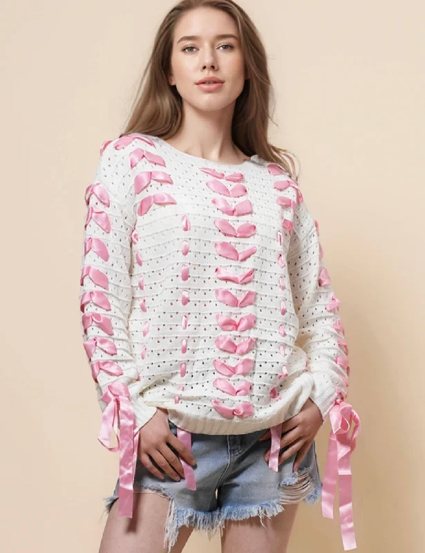 Ladies Color Block Ribborn Pullover Sweater SKT41114 Mesh Blend Leather Blend Suede Blend Ladies Color Block Ribborn Pullover Sweater SKT41114 Mesh Blend Leather Blend Suede Blend