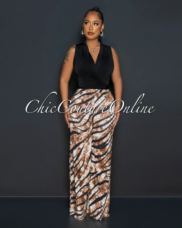 Mabyn Black Front Tie Crop Top & Brown Print Wide Pants Set Ribbed Crop Top High Neck Heavyweight Mabyn Black Front Tie Crop Top & Brown Print Wide Pants Set Ribbed Crop Top High Neck Heavyweight