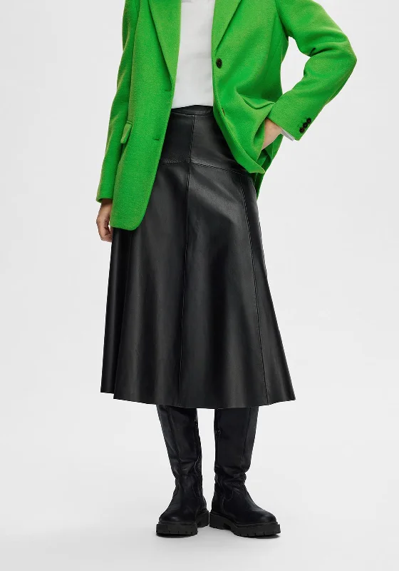 Selected Femme Rillo High Rise Leather Midi Skirt, Black satin skirt smooth