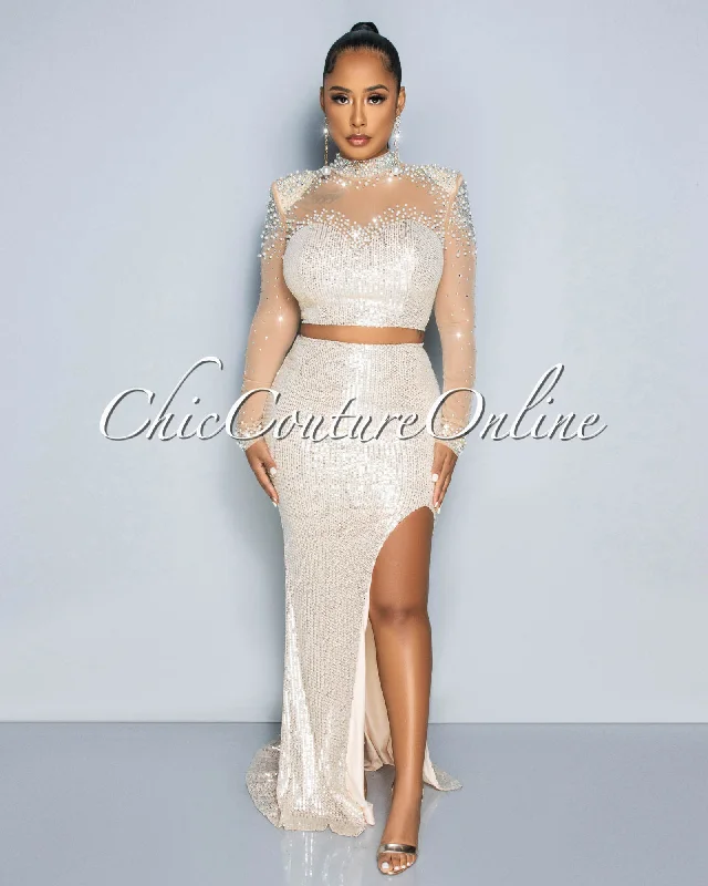 Bandia Nude Rhinestones & Pearls Mesh Crop Top & Maxi Skirt Set Crop Top Seamless Stretchy Bandia Nude Rhinestones & Pearls Mesh Crop Top & Maxi Skirt Set Crop Top Seamless Stretchy
