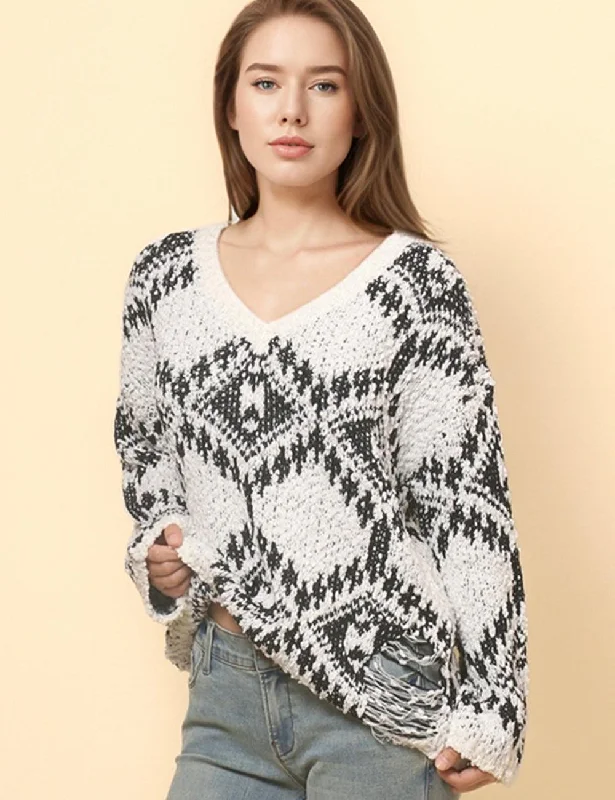 Ladies Color Block Totem Bohemia V-Neck Sweater SKT4849 Jersey Fabric Tulle Fabric Batik Fabric