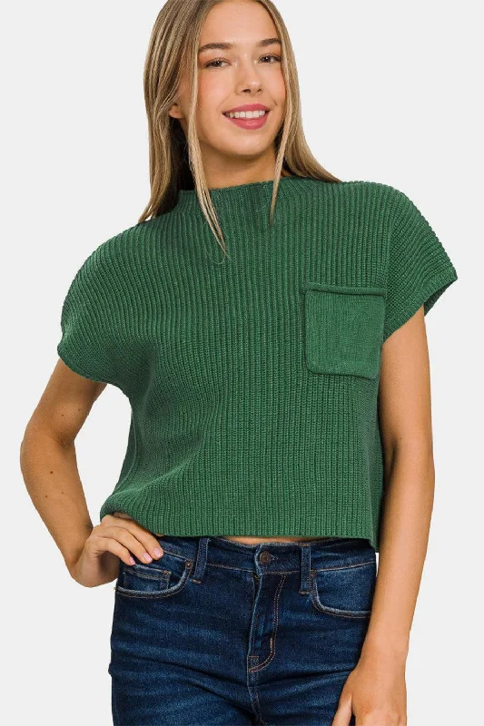 Zenana Mock Neck Short Sleeve Cropped Sweater Solid Color Striped Floral Print